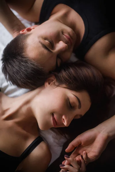 Top View Couple Love Close Portrait Lovers Who Lie Bed — Stock Photo, Image