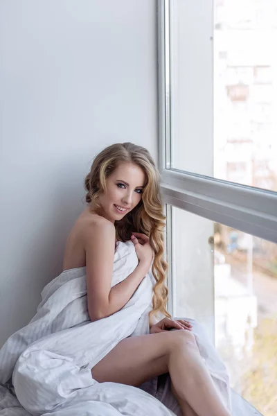 Charming Girl Long Hair Lies Window Sill Hiding Blanket Girl — 스톡 사진