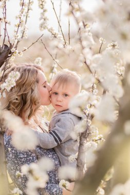 Çekici bir anne oğluyla çiçek bahçelerinde yürür. annelik