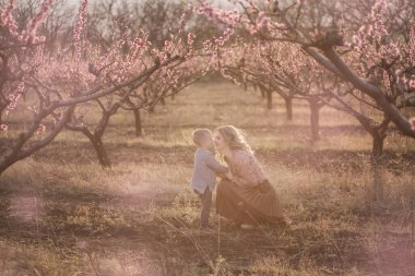 Anne küçük oğluna hayat tavsiyesi veriyor. Doğru eğitim. Anne küçük oğluna iyi bak. Anne ve bebek çiçek açan bahçede yürüyorlar..