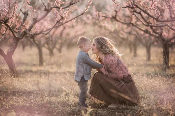 Young Mother Walks Hugs Her Little Son Blooming Gardens Mom — Stock Photo, Image