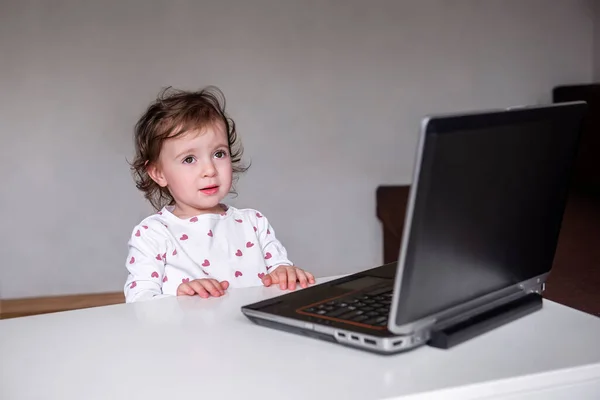 A charming little girl sits behind a laptop and watches and learns from a distance and participates in early development classes, a concept of modern early development. Selective front and back focus, artistic noises.