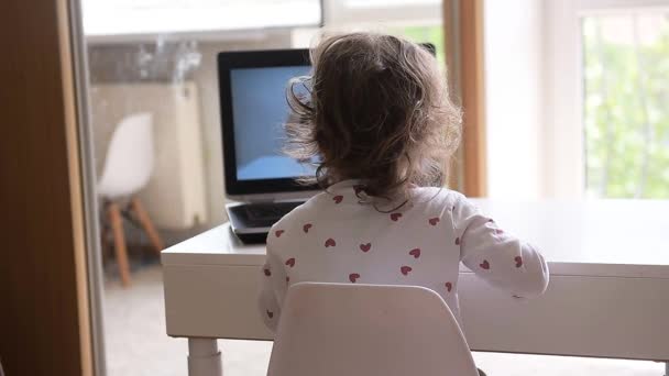 Una Niña Encantadora Sienta Detrás Una Computadora Portátil Observa Aprende — Vídeo de stock