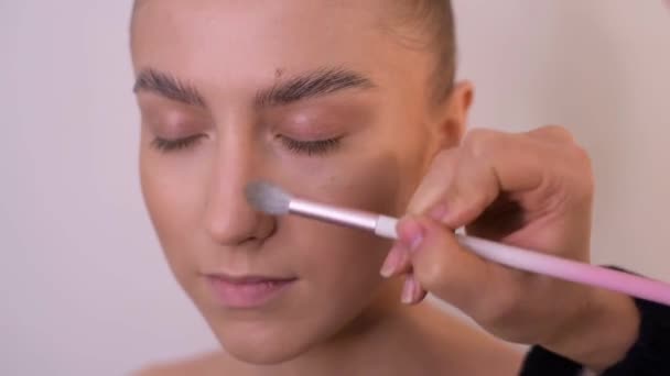 Belle Jeune Fille Maquille Professionnellement Dans Salon Beauté Par Maquilleur — Video