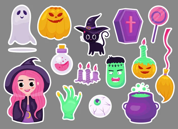 Conjunto Etiquetas Engomadas Halloween Ilustración Vector Color — Archivo Imágenes Vectoriales