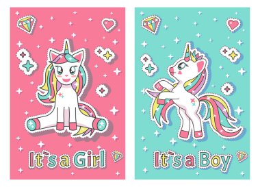 Baby unicorns kart illüstrasyonunda Oğlu veya Kızı mavi ve pembe arka planda 