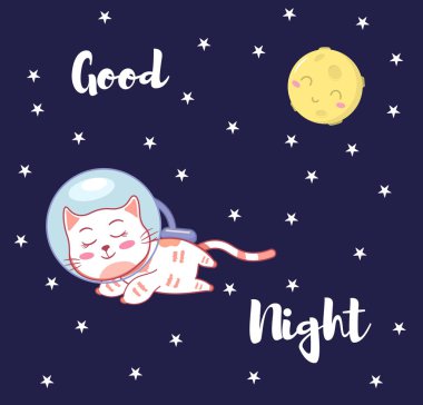Gece gökyüzünde yıldızlarla uçan uzay kedisiyle iyi geceler.