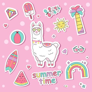 summer time with cute lama character vector illustration on pink summer background clipart