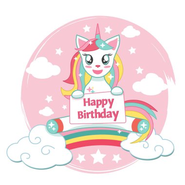 Mutlu yıllar sana. Pembe arka planda tek boynuzlu at vektör çizimi.