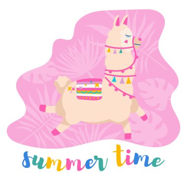 Yaz zamanı pembe arka planda komik Lama karakter çizimi çalıştırılıyor