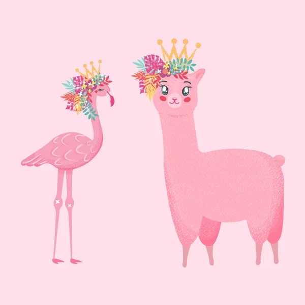 Lama Och Flamingo Tecken Vektor Illustration Rosa Bakgrund — Stock vektor