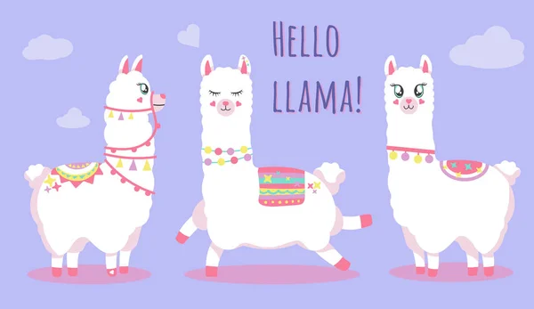 Hello Lama Trupp Söta Tecken Lama Vektor Illustration Blå Bakgrund — Stock vektor