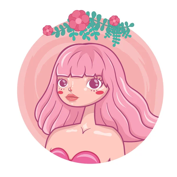 粉红头发的漂亮女孩肖像 圆形粉红背景上的矢量画图 — 图库矢量图片