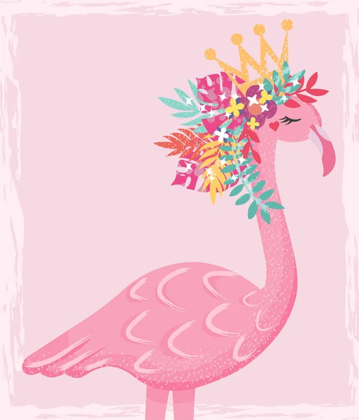 Ilustração Rosa Bonito Flamingo Com Flores Sobre Teve Fundo Rosa — Vetor de Stock