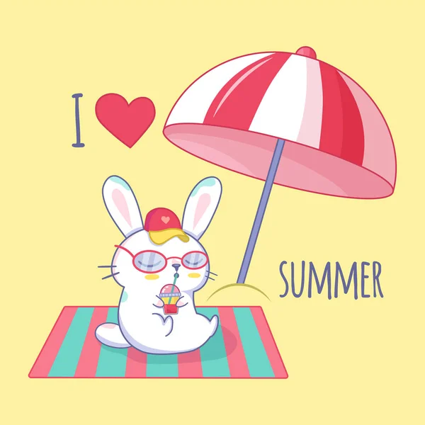 Niedlichen Hasen Trinken Saft Vektor Cartoon Illustration Auf Sonnenschirm — Stockvektor