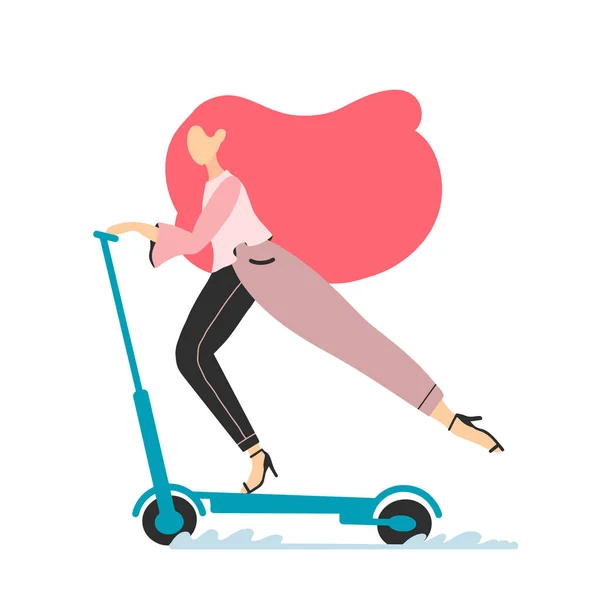 Personagem Feminino Com Longos Cabelos Vermelhos Livrando Scooter Plana Ilustração — Vetor de Stock