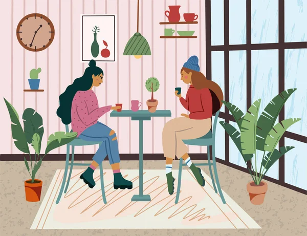 Ilustración Personajes Chicas Sentadas Mesa Tomando Café Fondo Cafetería — Archivo Imágenes Vectoriales