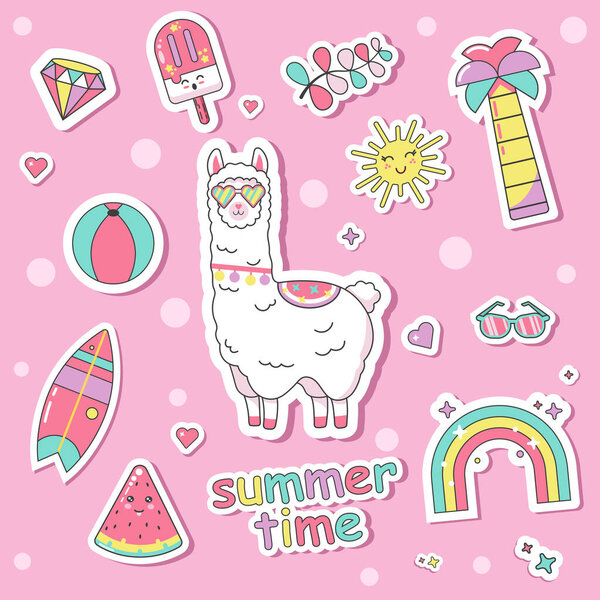 summer time with cute lama character vector illustration on pink summer background