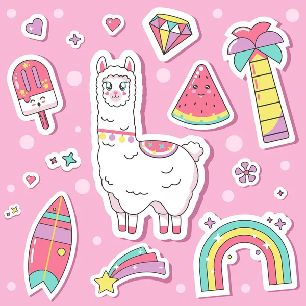 Kawaii Lama Character Vector Illustration Summer Stuffs Background — Stock Vector