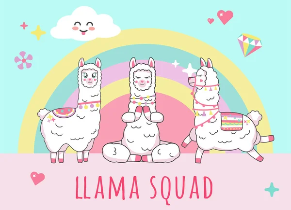 Lama Squad Karakter Vector Illustratie Regenboog Achtergrond — Stockvector