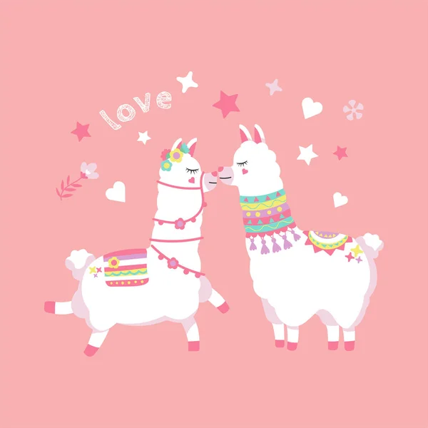 Schattig Zoenen Lama Tekens Vector Illustratie Roze Achtergrond — Stockvector