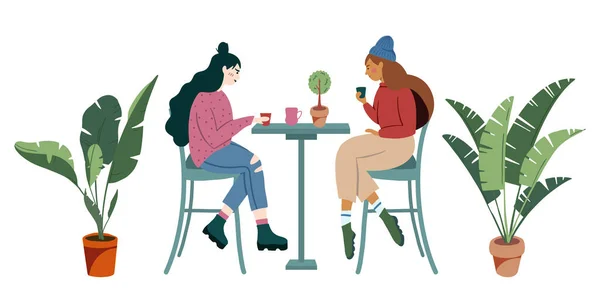 Ilustración Personajes Chicas Sentadas Mesa Tomando Café Sobre Fondo Blanco — Archivo Imágenes Vectoriales