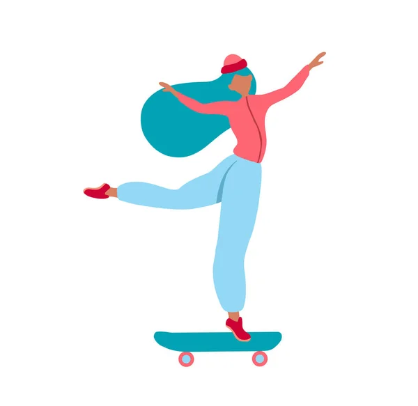 Personagem Feminino Com Cabelo Azul Ridding Skate Plana Ilustração Fundo — Vetor de Stock