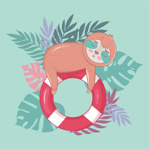 sleepy sloth illustration holding on lifebuoy on pink background
