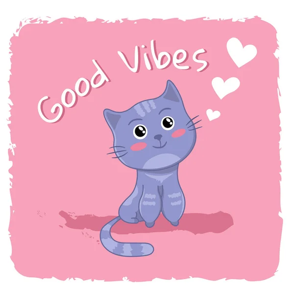 Good Vibes Quote Cute Little Kitty Illustration Pink Background — Stock Vector