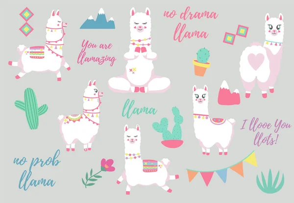 Wektor Ilustracja Wzór Cute Lamas Szarym Tle — Wektor stockowy