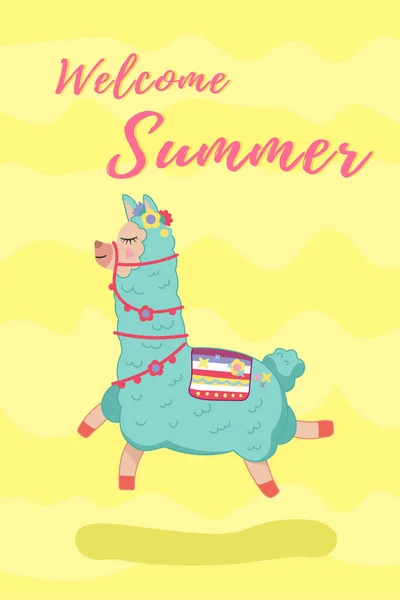 Welcome Summer Lama Character Vector Illustration Yellow Background — Stock Vector