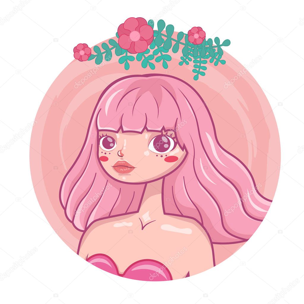 pretty girl portrait with pink hair icon vector illustration on circle pink background