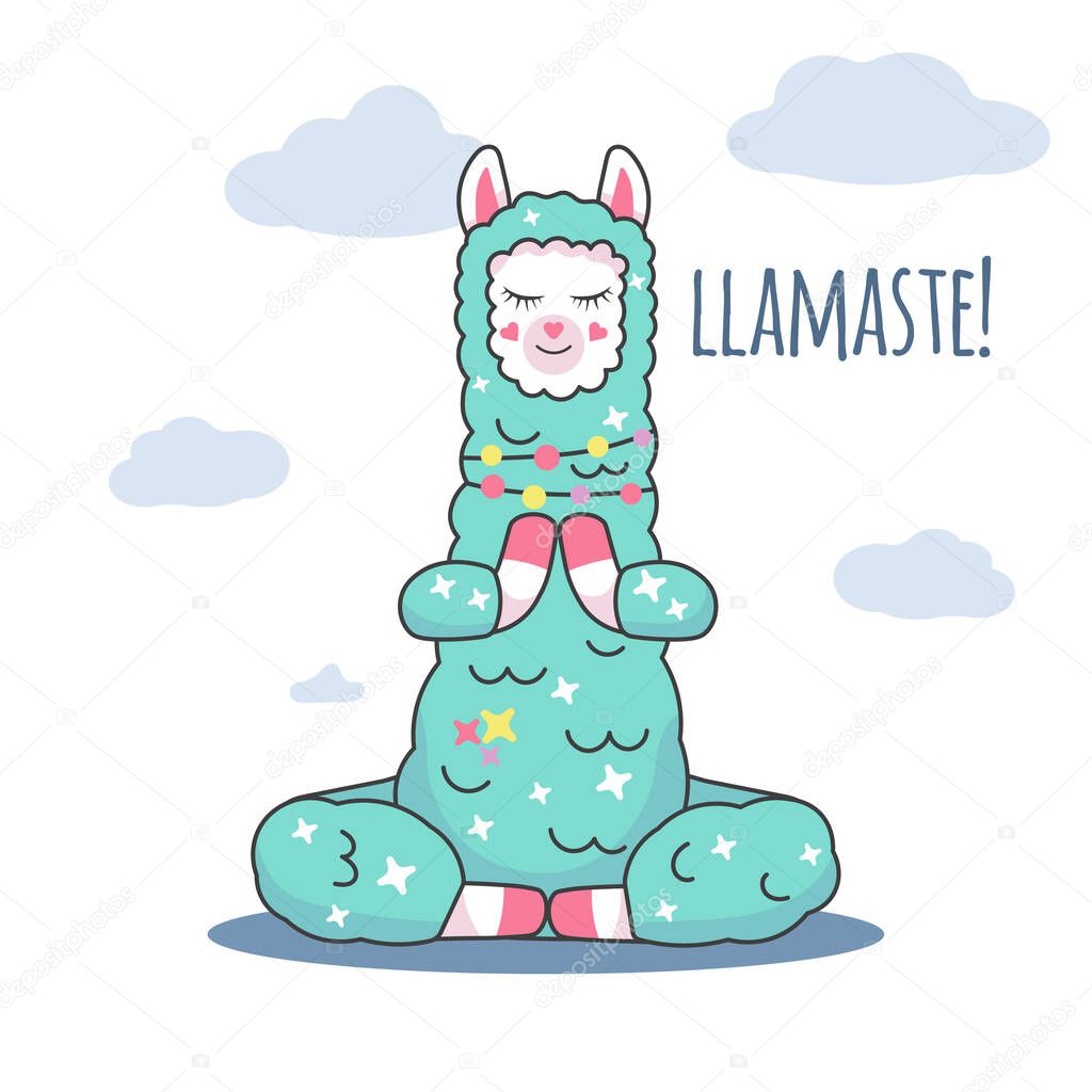 relaxed lama sitting in yoga pose on clouds background 