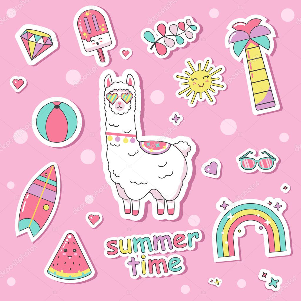 summer time with cute lama character vector illustration on pink summer background