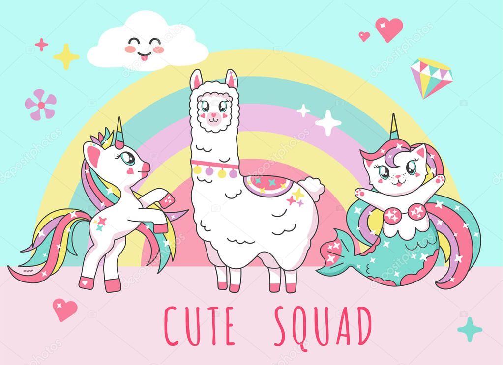 Cute squad of lama, unicorn and fairy kitty characters vector illustration 
