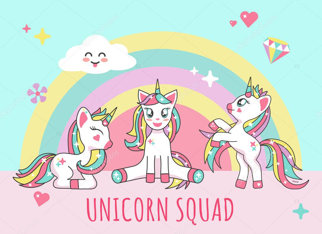 Cute unicorns squad on rainbow background vector illustration 
