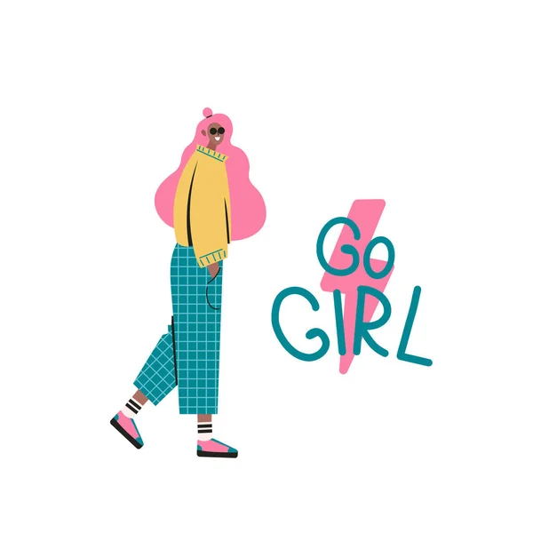 Personnage Fille Avec Longs Cheveux Rouges Illustration Girl Texte — Image vectorielle