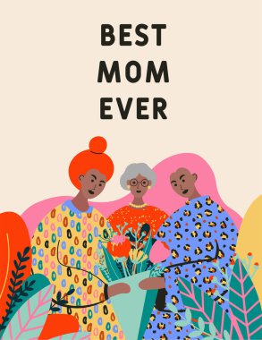 Kızı olan anne sarılıyor ve bir buket tutuyor. Düz elle çizilmiş çiçeklerle süslenmiş Anneler Günü tebrik kartı tasarımın kutlu olsun..