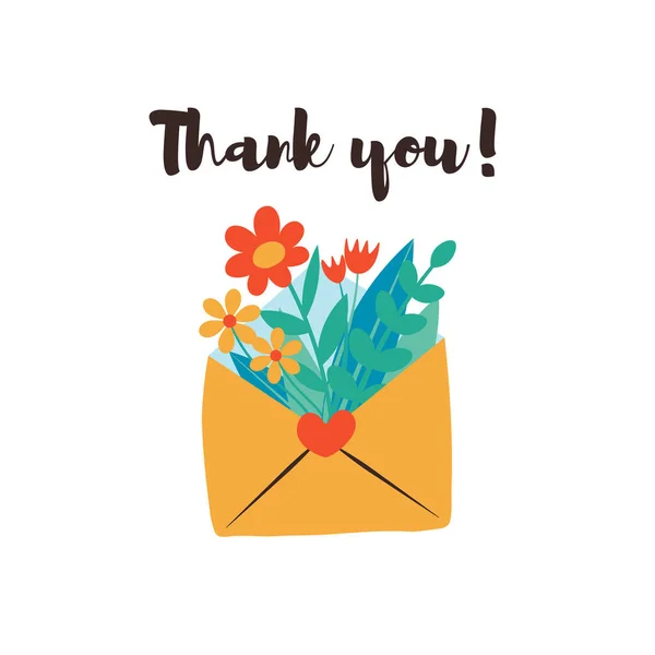 Cute Envelope Flowers Plants Phrase Thank You Lettering Spring Flowers — Stock Vector