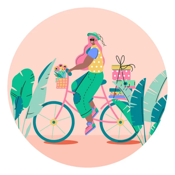 Ilustração Vetorial Plana Jovem Mulher Bonito Andando Bicicleta — Vetor de Stock