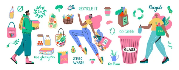 Conjunto Vetores Planos Ilustração Produtos Reciclagem — Vetor de Stock