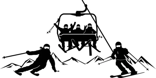 Silueta Esquí Para Deportes Invierno Ilustración Telesilla — Vector de stock