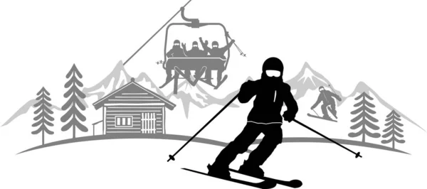 Wintersport Silhouet Illustratie Stoeltjeslift — Stockvector