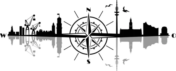 Hamburg City Compass Vector Silhouette Skyline Outline — Stockový vektor