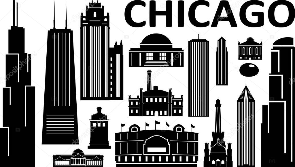 Chicago City Downtown Skyline Ouline Silhouette Vector