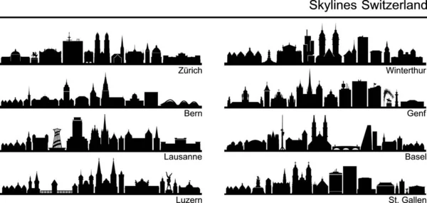 Schweiz Set City Skyline Silhouette Stadtbild Vektor — Stockvektor