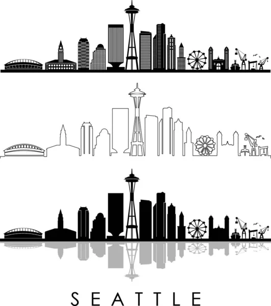 Seattle City Skyline Silhouette Cityscape Vector — Vettoriale Stock