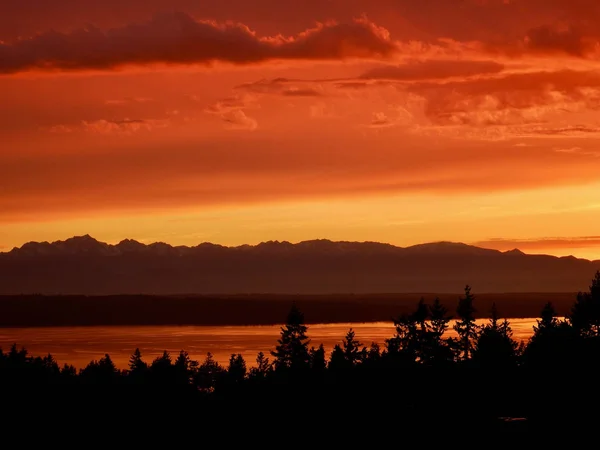 Atardecer Naranja Reflejándose Puget Sound Con Cordillera Olímpica Fondo Tomado — Foto de Stock