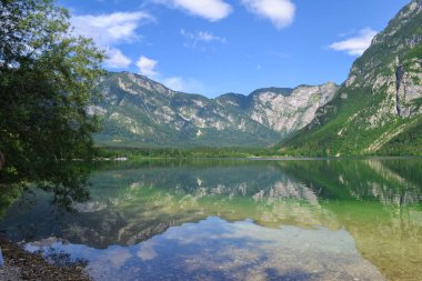 Dağ Gölü Bohinj. Slovenya, Julian Alps, Triglav Ulusal Parkı. Göl ve kayanın manzarası