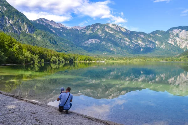 Father Baby Admire Calm Mountain Lake Bright Sunny Day Man — Stockfoto